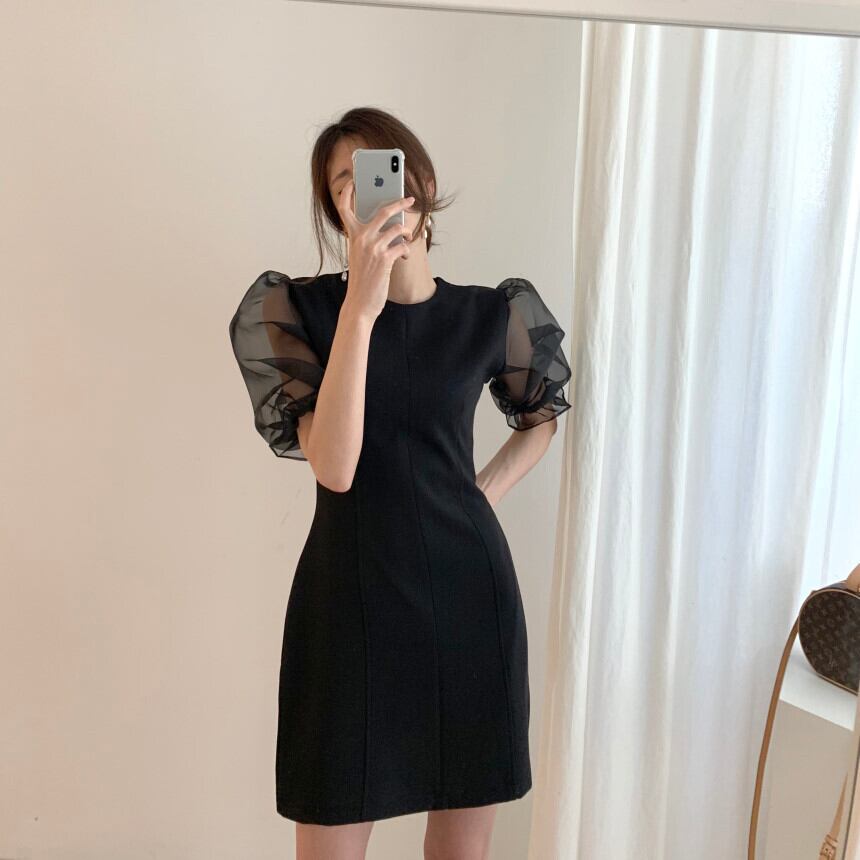 【dress】韓国風 気質満点ラウンドネックパフスリーブシフォン切り替えワンピース