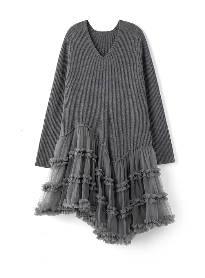 【dress】チュールドッキングウールワンピース Q7963
