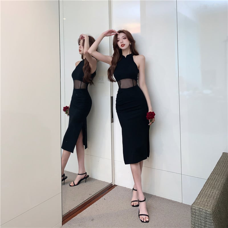 【dress】ノースリーブチュールドッキングワンピース Q8431