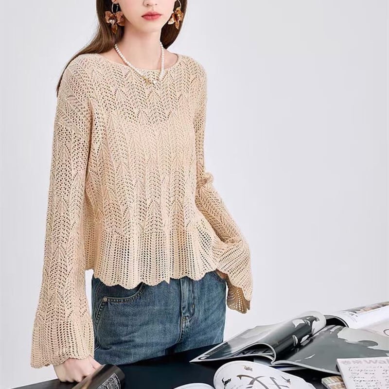 【tops】フレアスリーブ透かし彫りニットトップスG20244