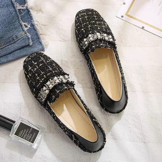 【shoes】今季大好評秋新作2色履きやすい美脚魅せチェック柄ビーズ飾りフラットシューズF0978