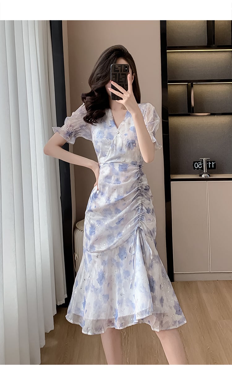 【dress】Vネック半袖マーメイドワンピースF7407