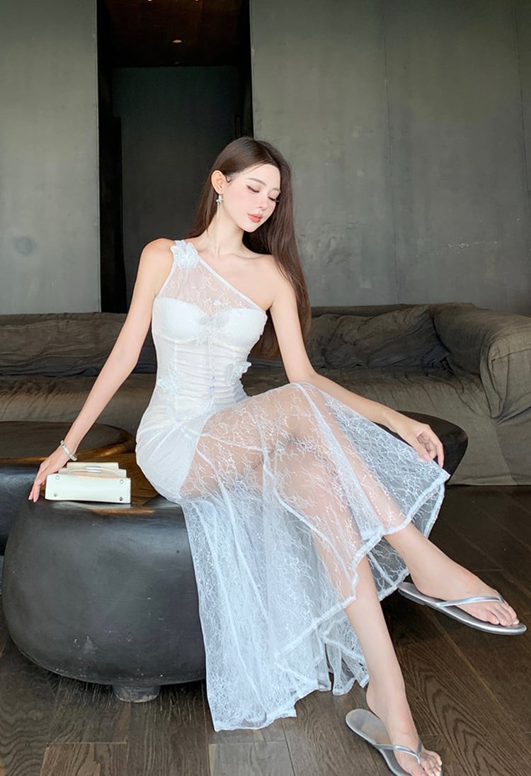 【dress】ワンショルダーレースマーメイドワンピース Q7975