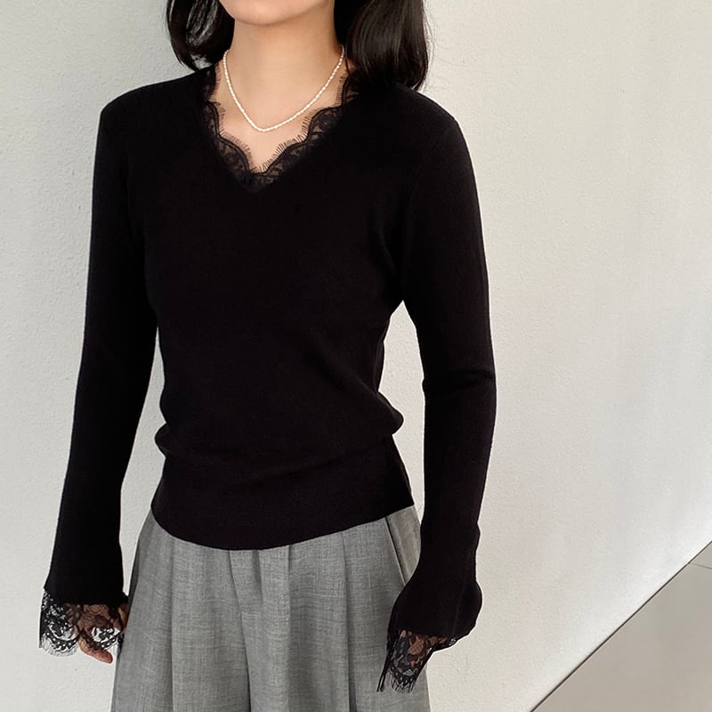 【tops】レースドッキングニットトップス Q7236