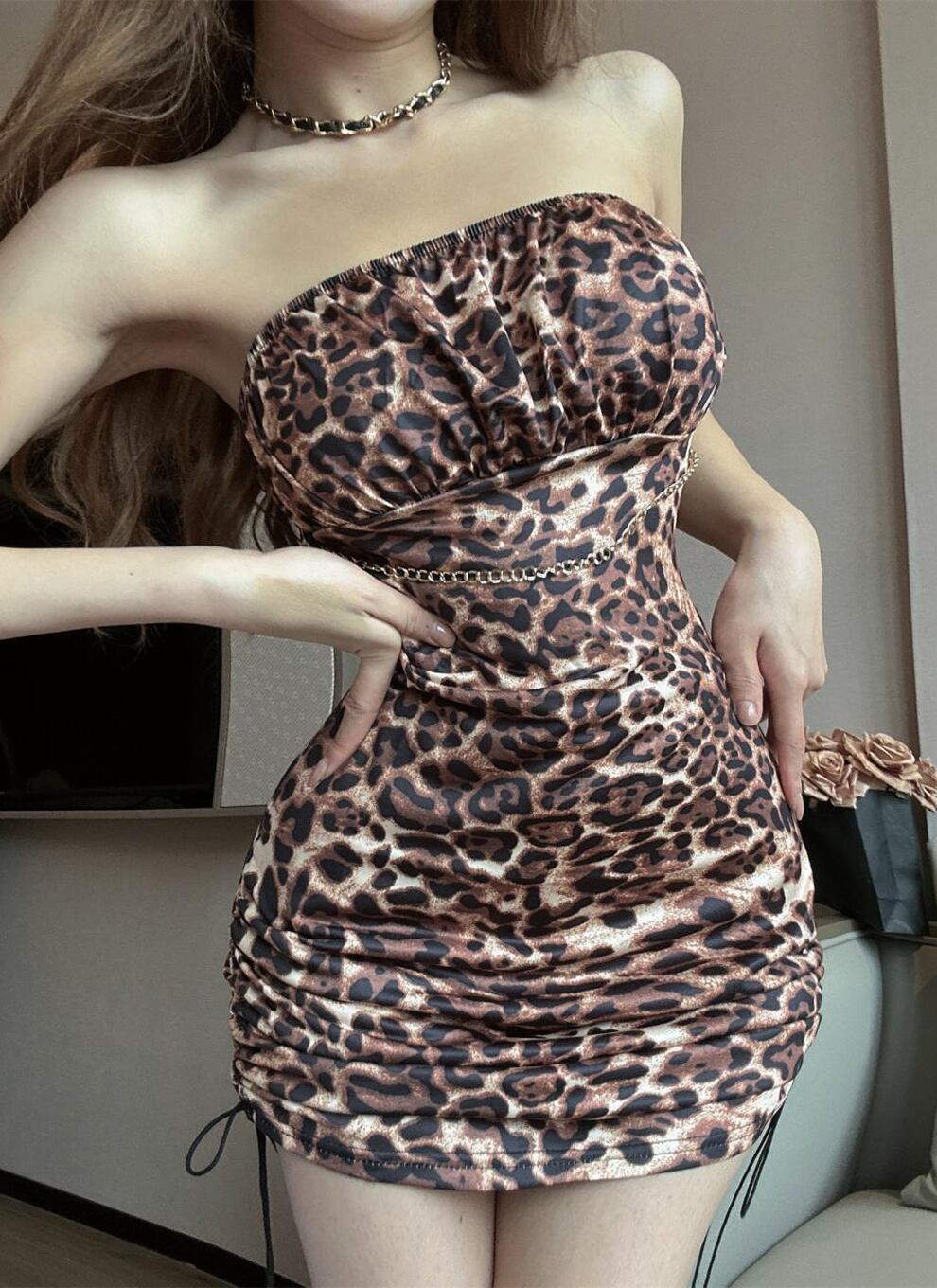 【dress】ヒョウ柄チューブドレス Q8183