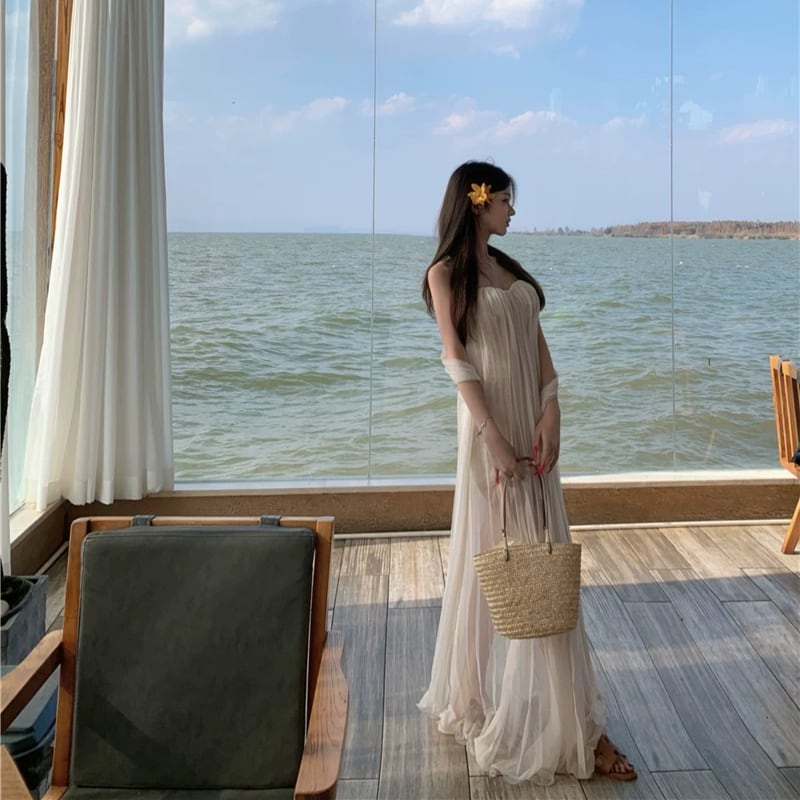 【dress】スカーフ付きシアーチュールチューブワンピース Q8511