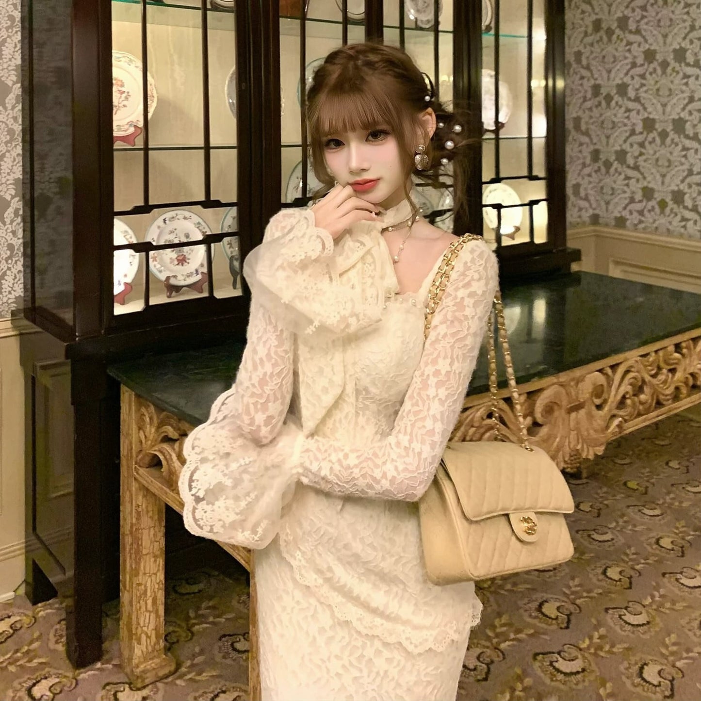 【dress】ベルスリーブマーメイドレースワンピース　N3499