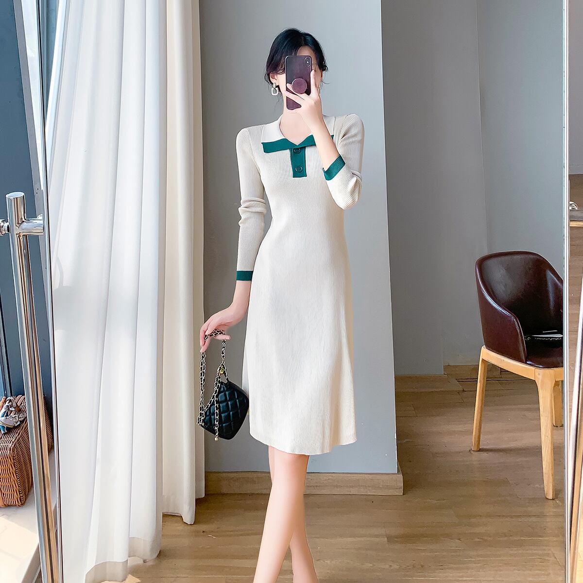 【dress】折り襟ニットワンピース　M18990