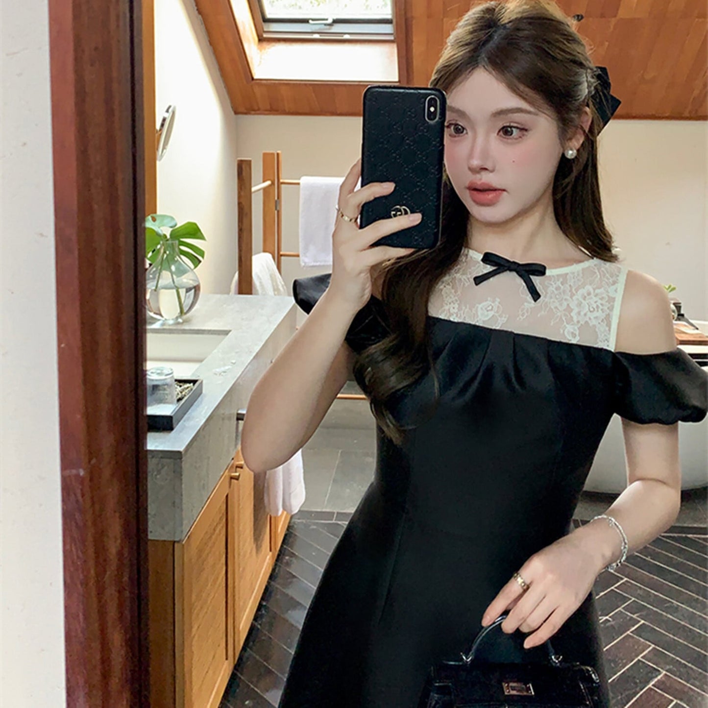 【dress】レースドッキングオフショルダーミニワンピース　N3003