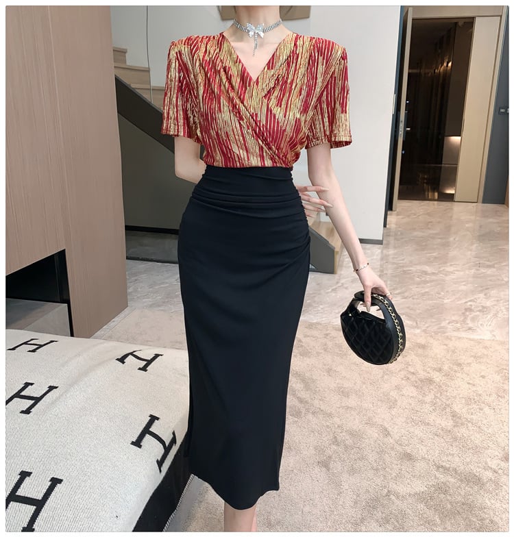 【dress】Vネック切り替えスリットワンピース G21104