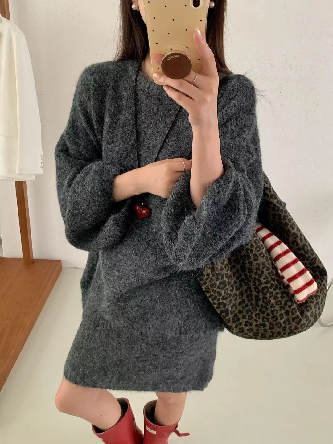 【set】ロングニットトップス×ストレートスカートセット Q7376