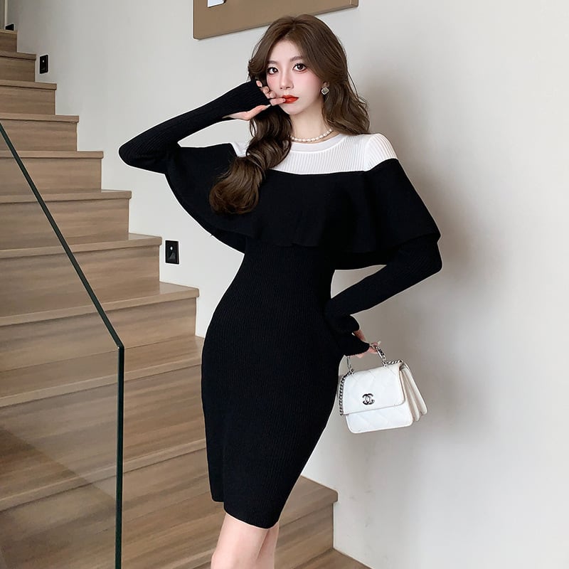 【dress】フリルドッキングニットワンピース　M18575
