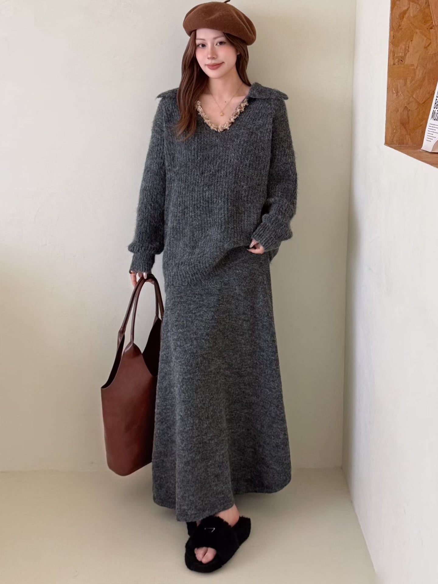 【set】Vネックニットトップス×ロングスカートセット Q7278