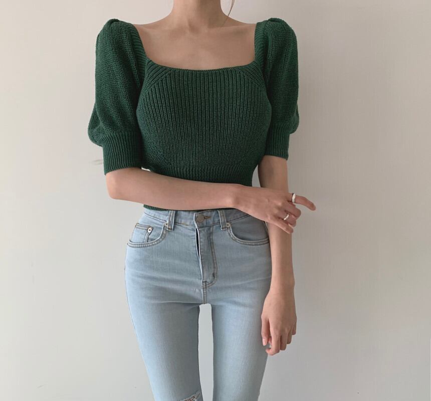 【tops】大人可愛いパフスリーブ無地ショート丈ボウタイニットF0022