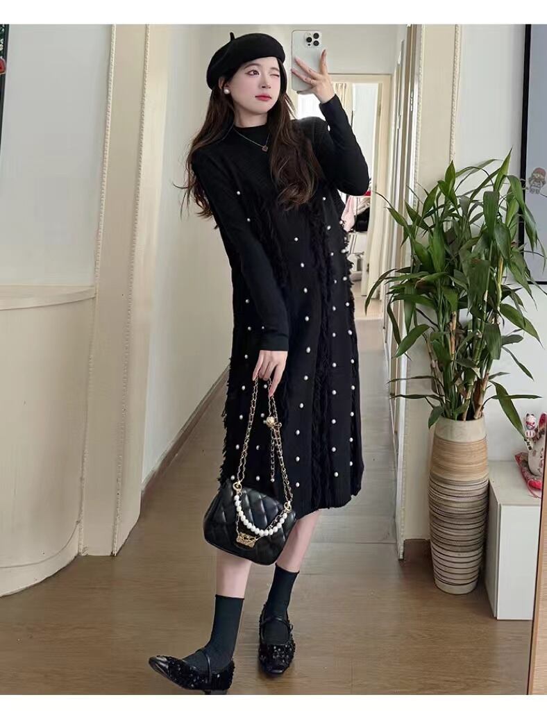 【dress】パール付きフリンジノースリーブニットワンピース　N2783