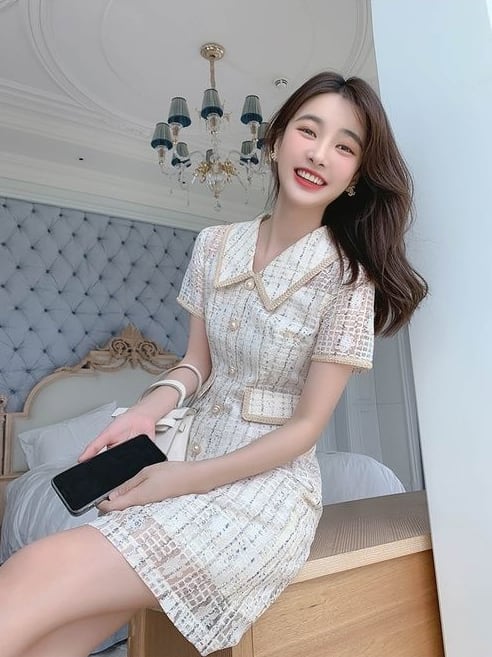 【dress】美人度アップ!気質満点折り襟夏透かし彫り着痩せ ワンピース G0465