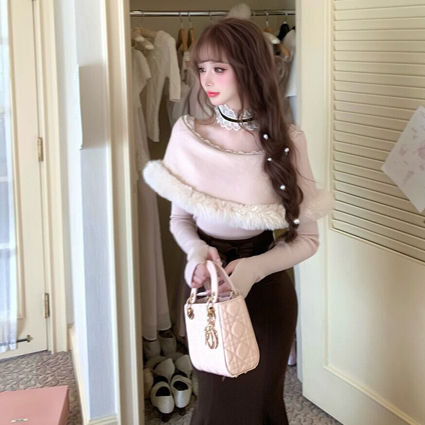 【set】ファー付きケープライクニットトップス×マーメイドスカートセット    N3493