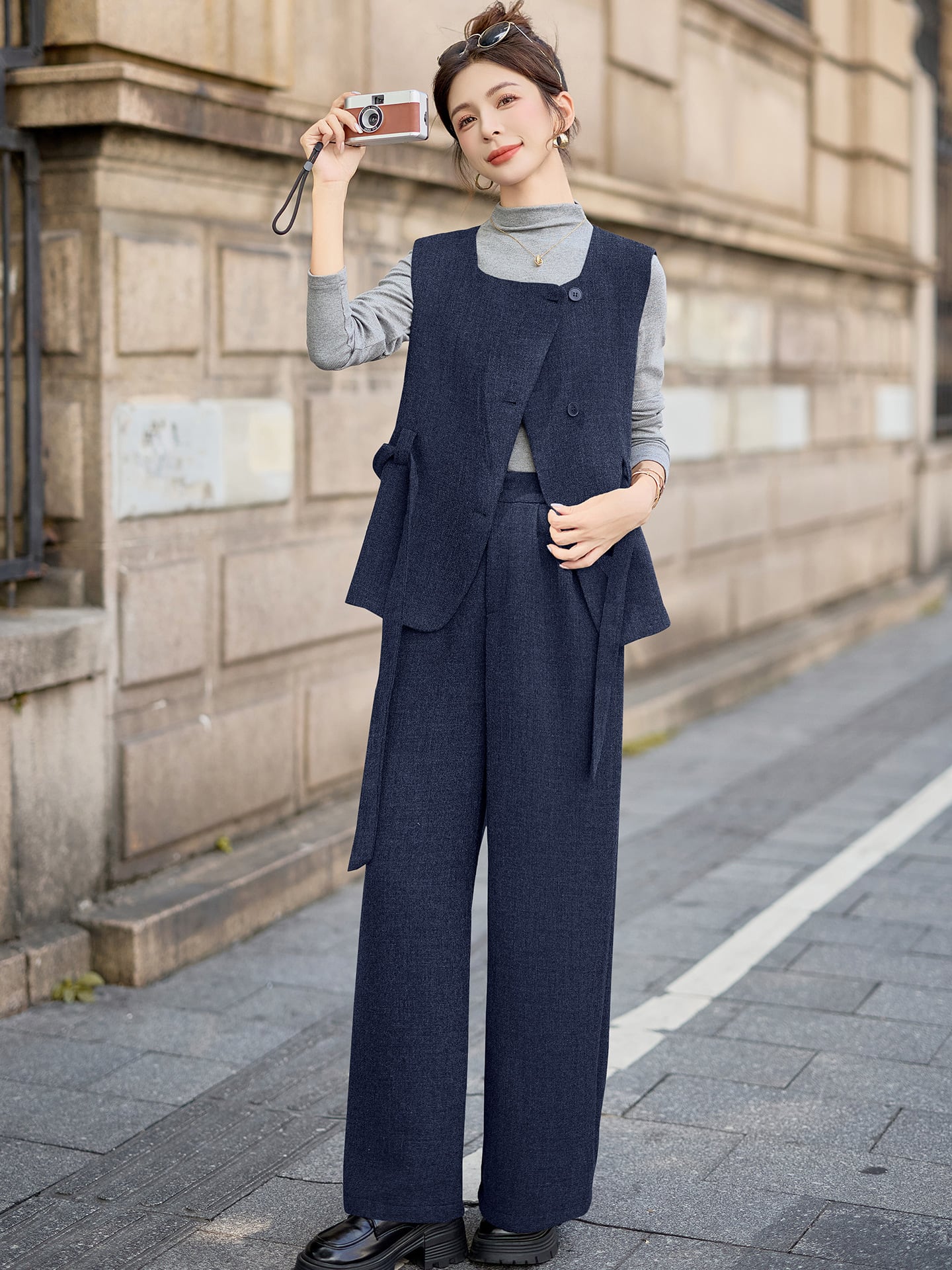 【set】ベスト×ハイネックトップス×ワイドパンツ3点セット Q6976