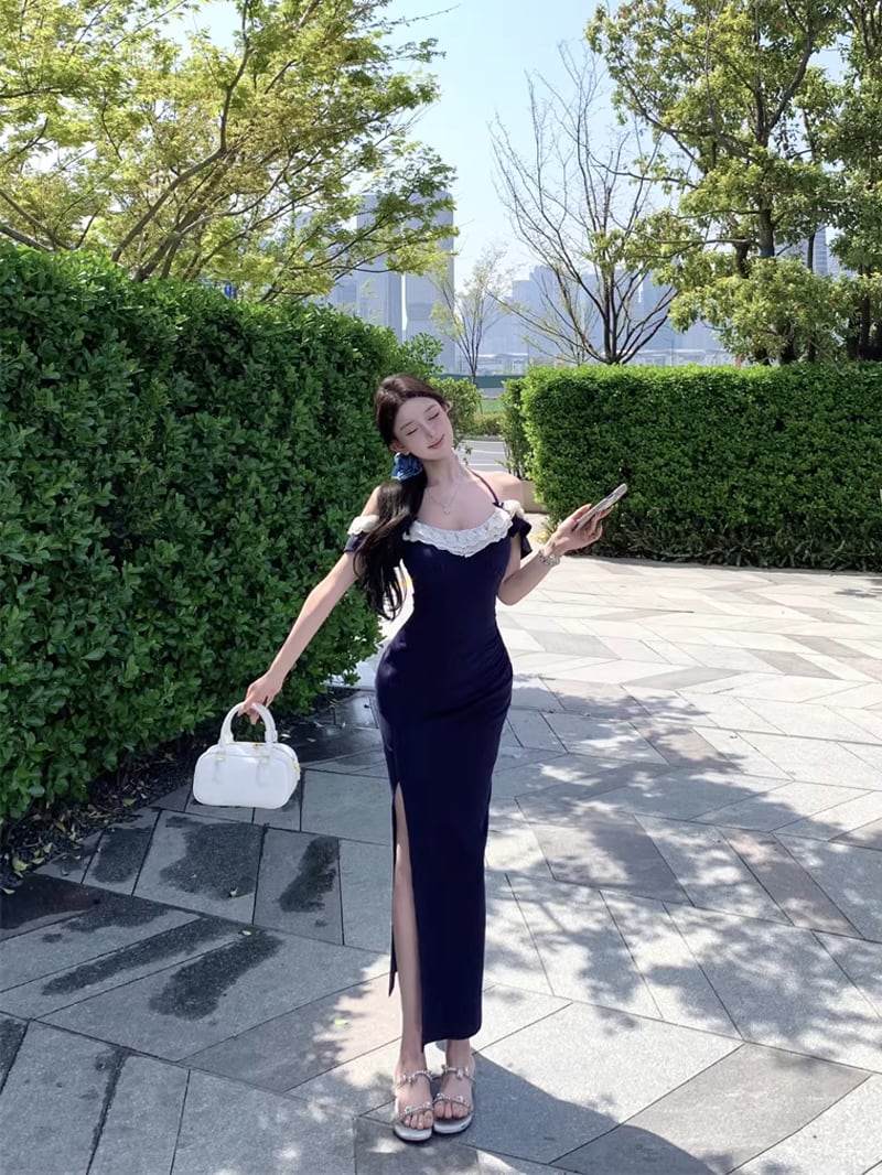 【dress】スリット入れレースドッキングロングワンピース Q8315