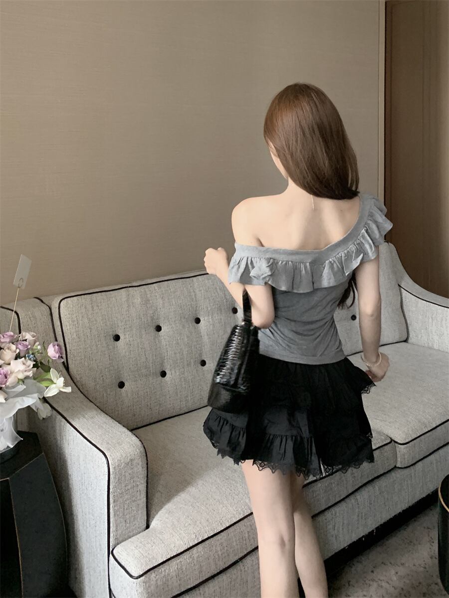 【tops】オフショルダーフリルTシャツトップスG21340