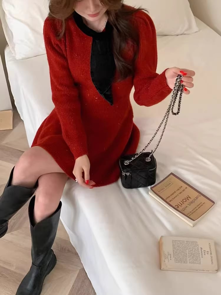 【dress】スカーフカラーニットワンピース Q7482