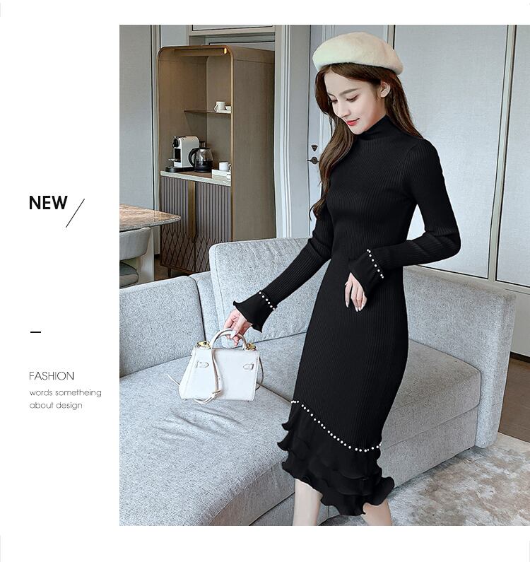 【dress】エレガント!気質満点レトロ体型カバー秋冬新作フリルニットワンピース G3729