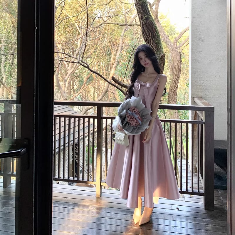 【dress】リボン付きフレアロングキャミワンピース Q8380