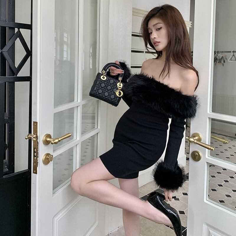 【dress】ファー付きオフショルダーワンピース Q6918