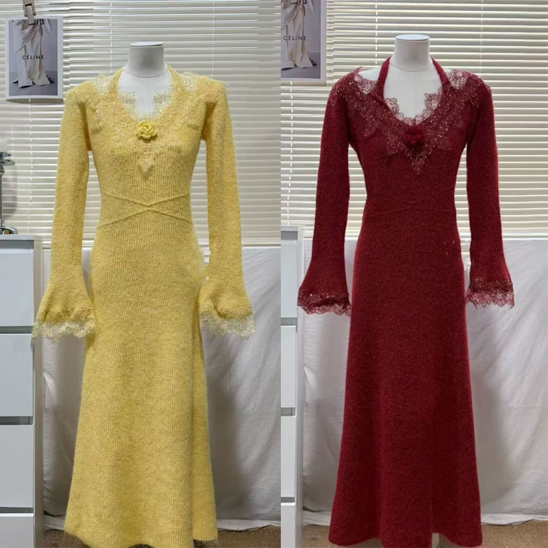 【dress】レースドッキングニットワンピース Q7479