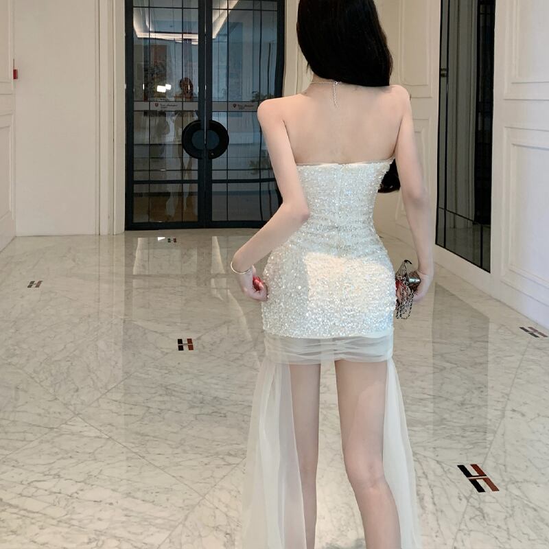 【dress】スパンコール付きチュールドッキングチューブドレス Q7996