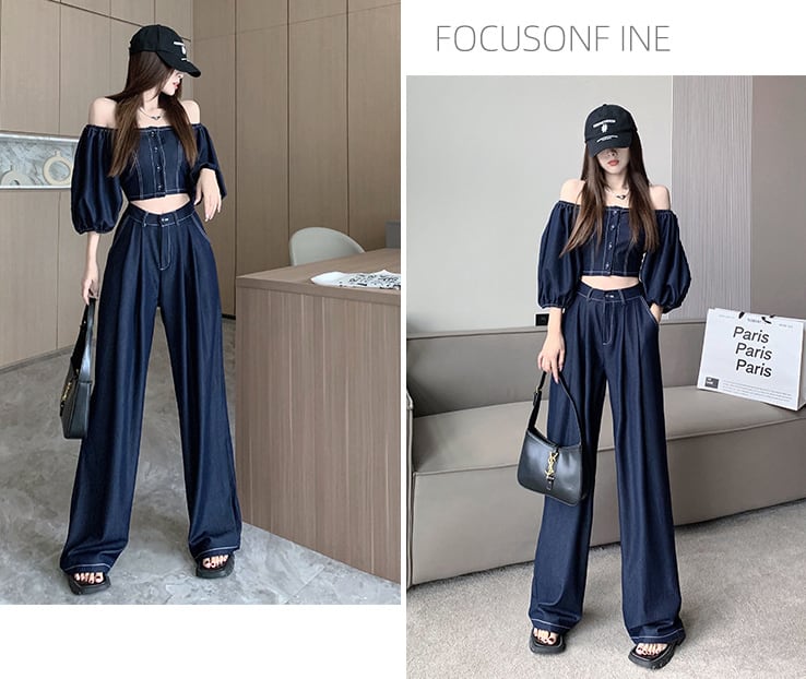 【set】オフネック半袖パフ袖ブラウス+無地ガウチョパンツ2点セットF5313