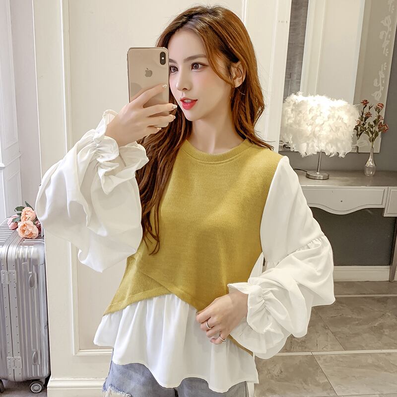 【tops】韓国ファッション早秋新作ラウンドネック長袖パフ袖偽二つ切り替えニットブラウスF0743