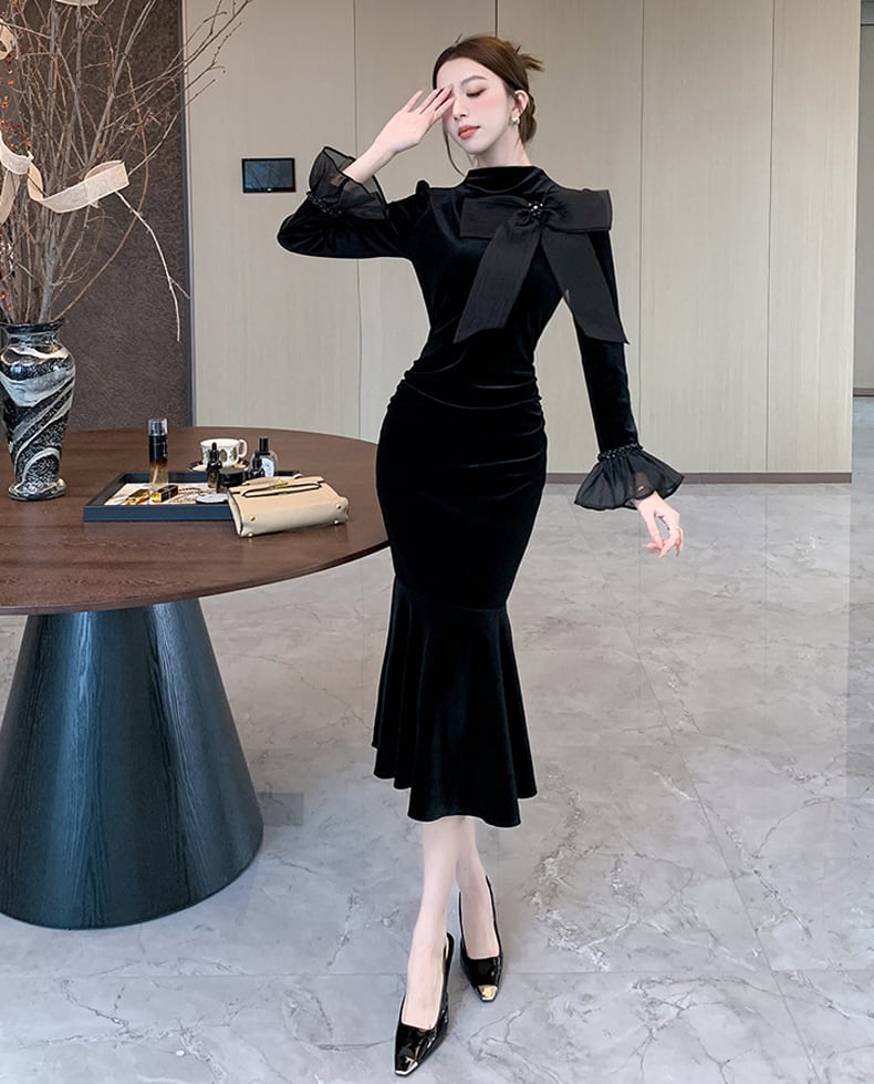 【dress】リボン付きベルベットワンピース Q7513
