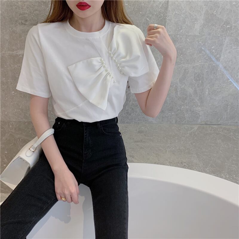 【tops】女性力を高める〜ラウンドネック半袖蝶々結び無地ゆったり着回しTシャツ