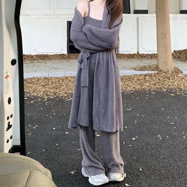 【set】ニットカーデ×キャミソール×ワイドパンツセット　M27147
