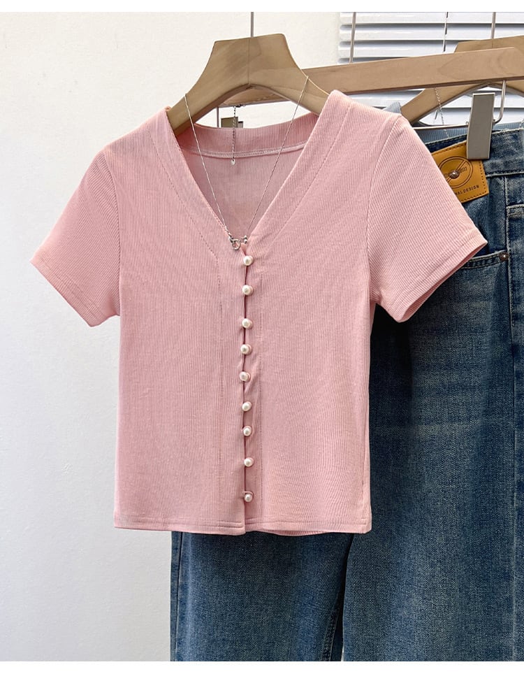 【tops】パールボタンVネックTシャツG21041