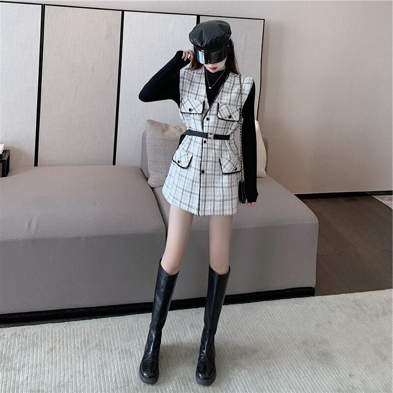 【set】オシャレ度満点〜無地着やせＴシャツ+チェック柄ベスト通勤日常ファッション2点セットF0782