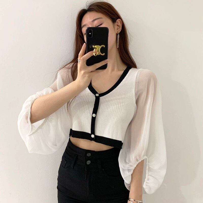 【tops】Vネック ランタンスリーブ切り替えトップスニット G15684