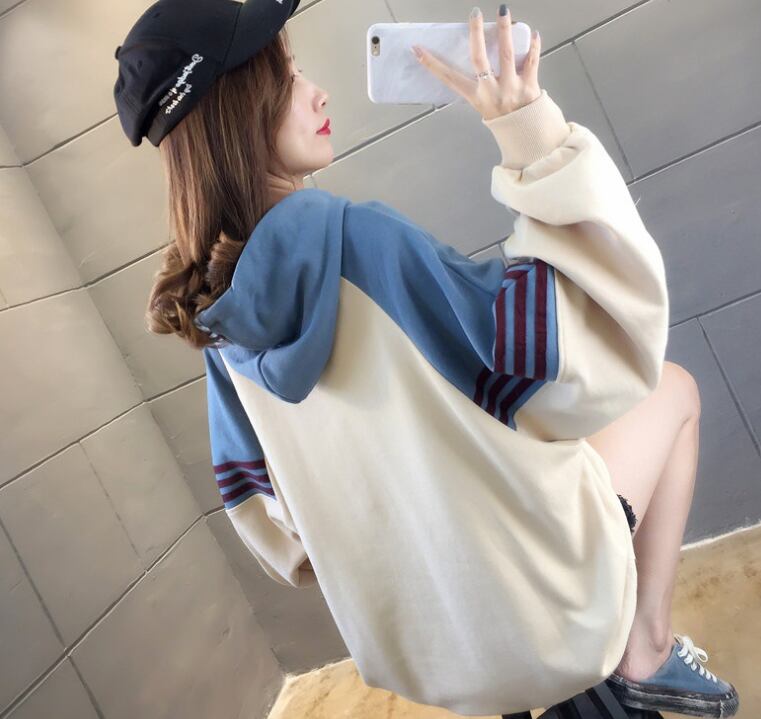 【tops】韓国ファッション長袖フード付き配色ゆったりカジュアルパーカーW0368