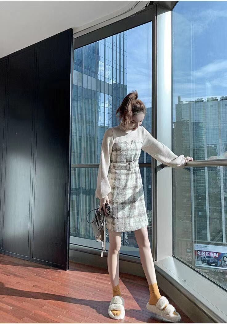 【dress】チェック柄ドッキングワンピース　M18472