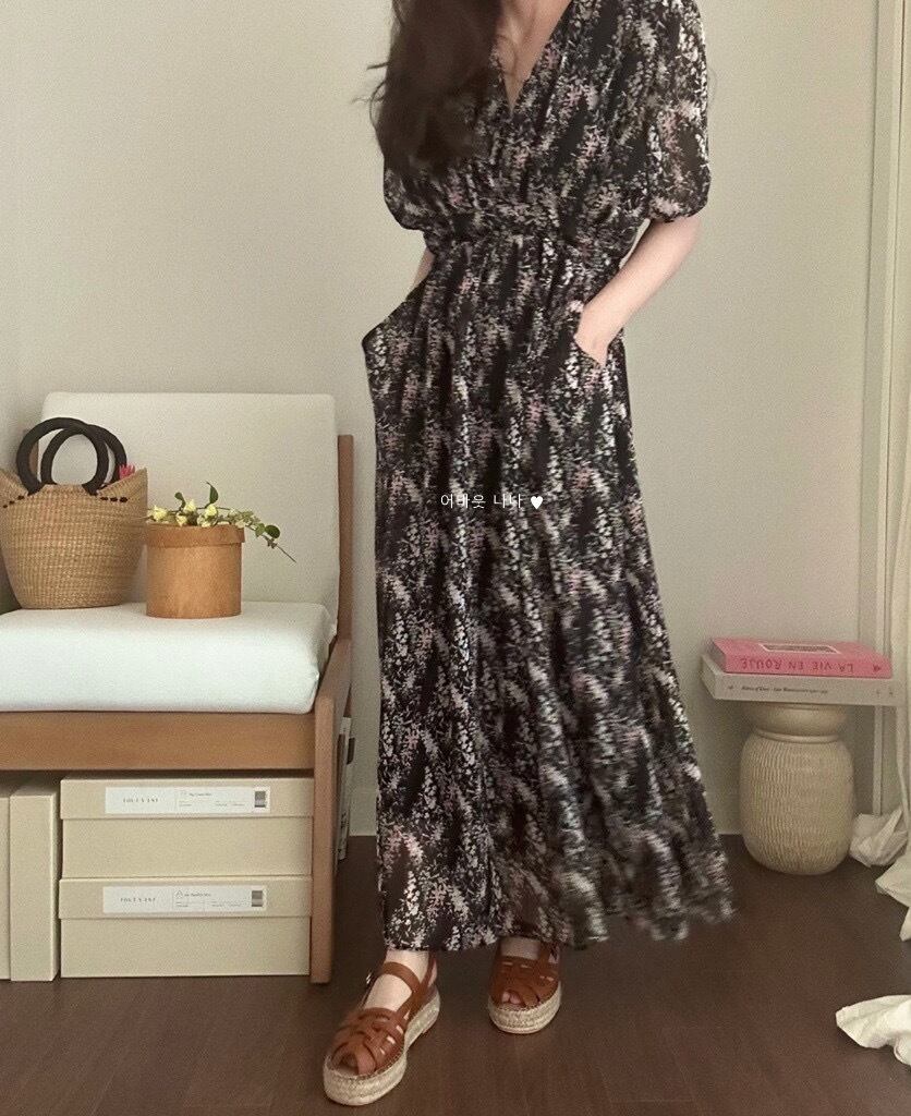 【dress】Vネック花柄パフスリーブワンピース G20746