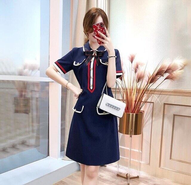 【dress】美感いっぱい2色POLOネック半袖配色韓国ファッションOL通勤ワンピースF2686