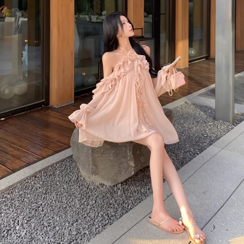 【dress】ホルターネックギャザーフリルミニワンピース Q8317