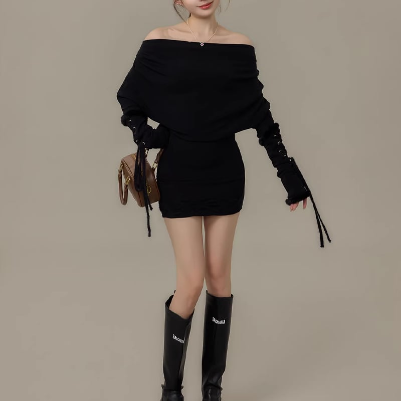 【dress】ファー付きオフショルダーニットワンピース Q7730