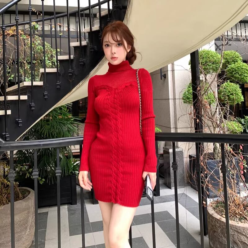 【dress】ハイネックニットワンピース Q7813