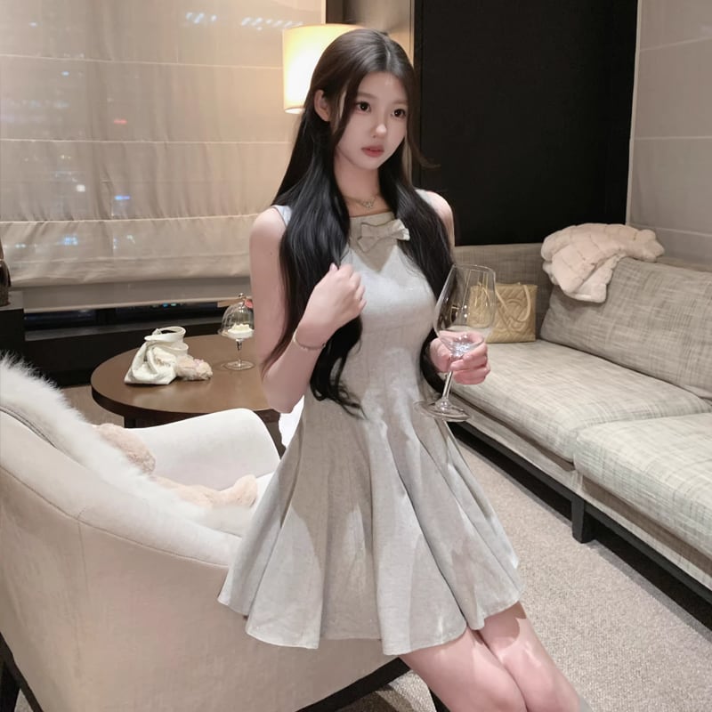 【dress】リボン付ノースリーブミニワンピース Q7968