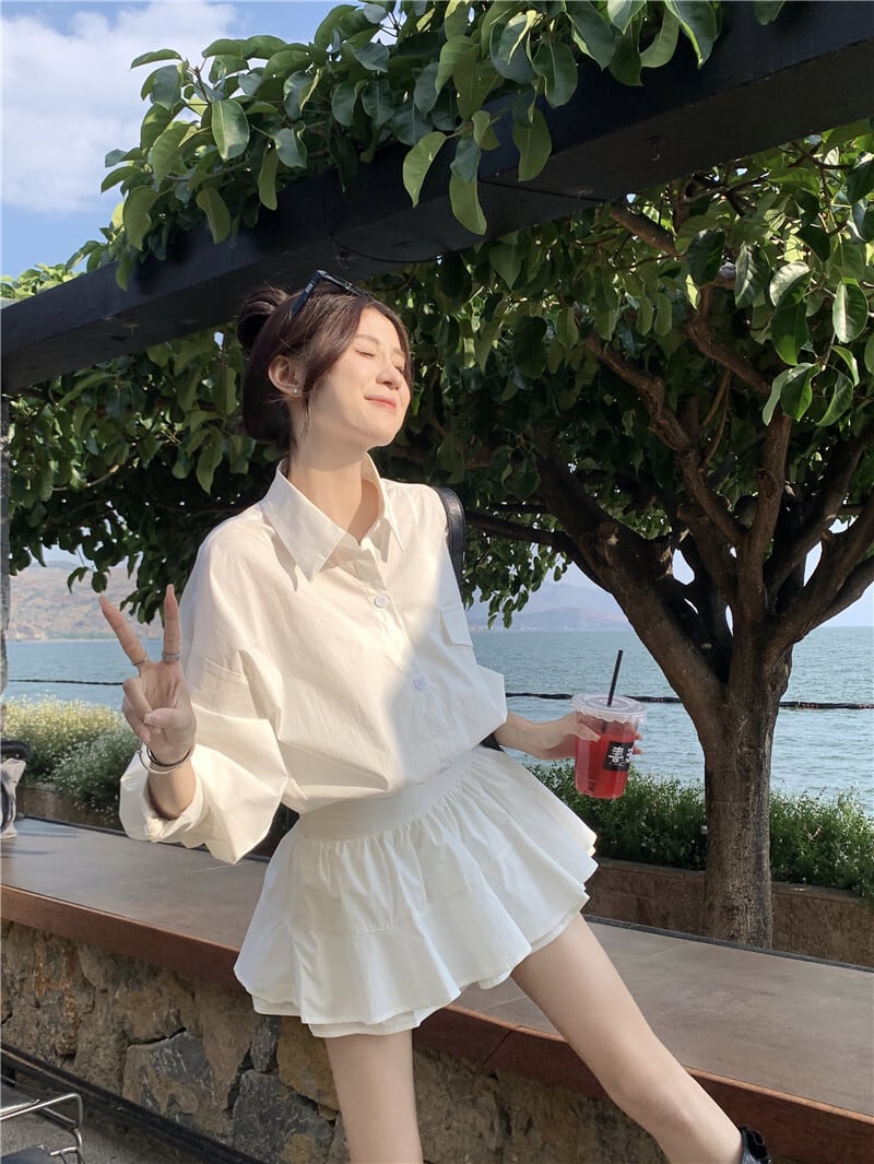 【set】POLOネックブラウス+スカート２点セットG21434