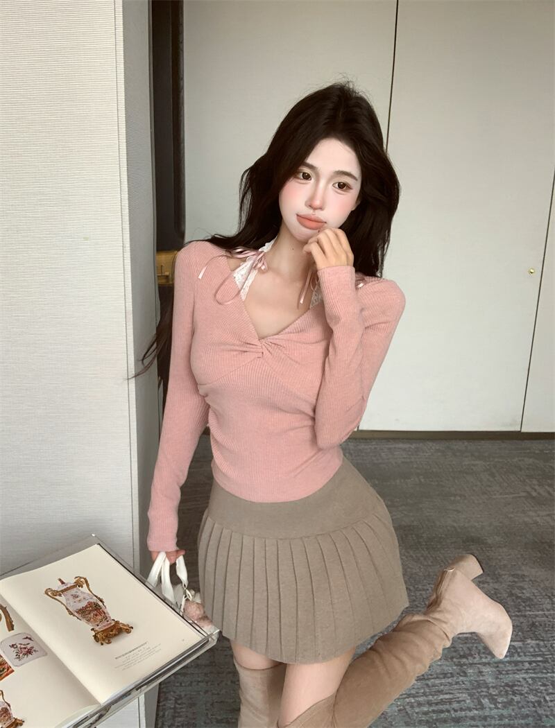 【tops】レース切り替えニットトップス　M29546
