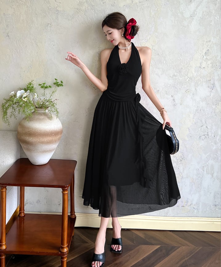 【dress】ノースリーブホルターネックロングワンピース Q8190