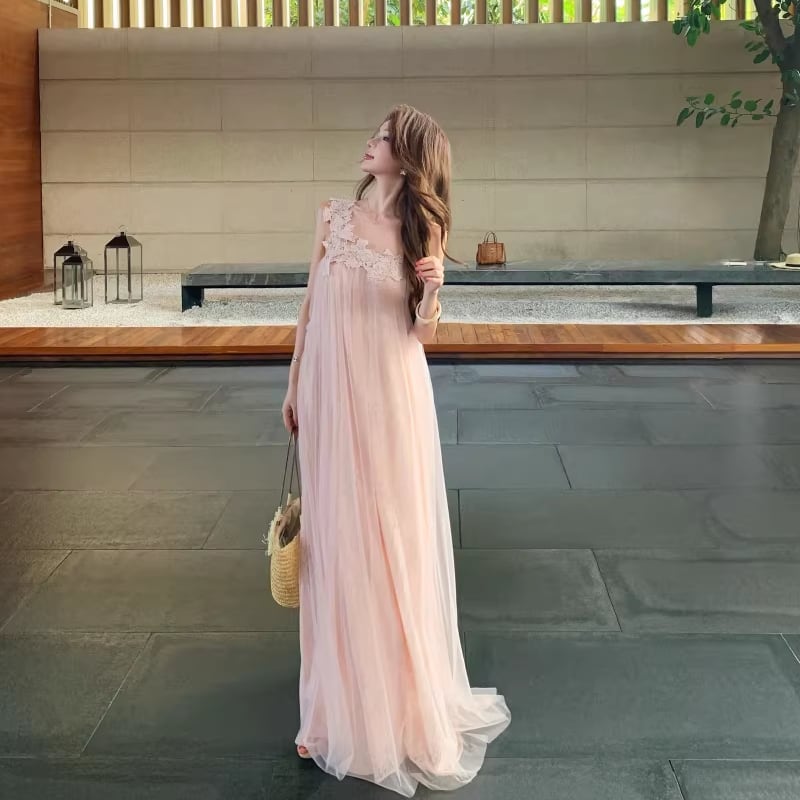 【dress】レースドッキングワンショルダーロングワンピース Q8444